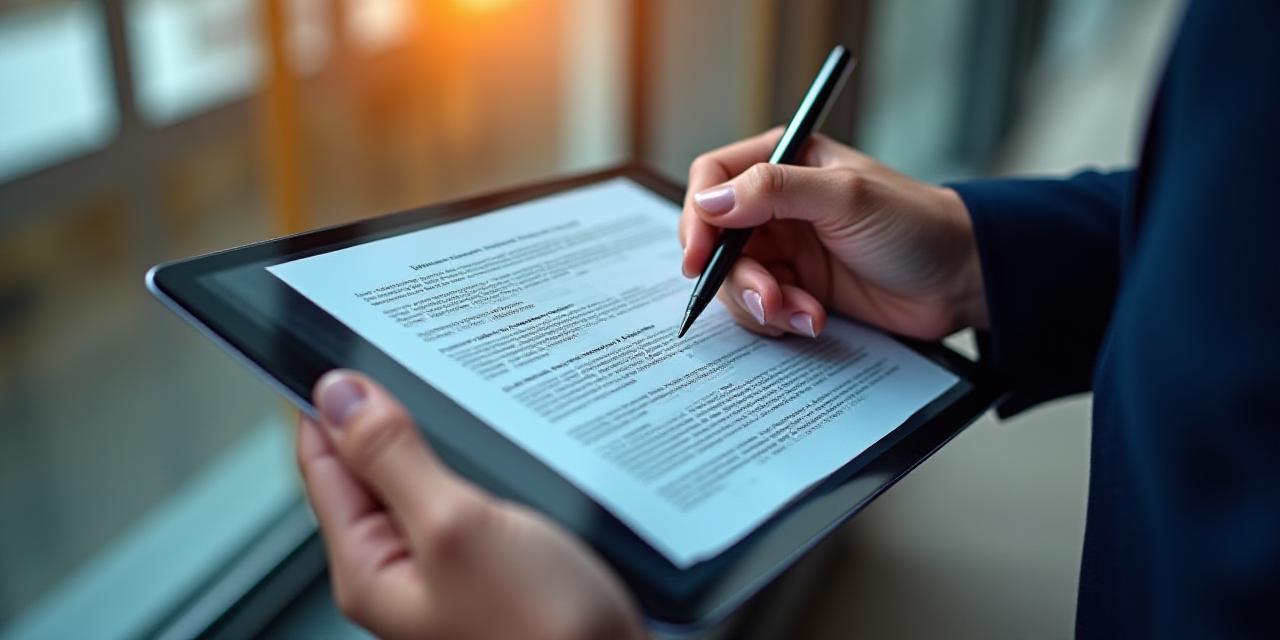 Close up of a legal professional reviewing a digital contract on a tablet in a modern office