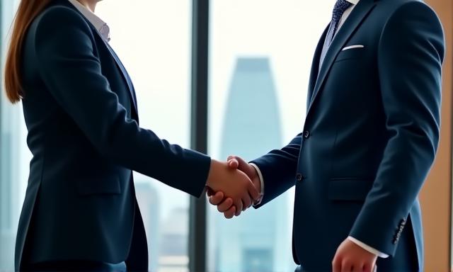 Two professionals shaking hands in a modern London office setting