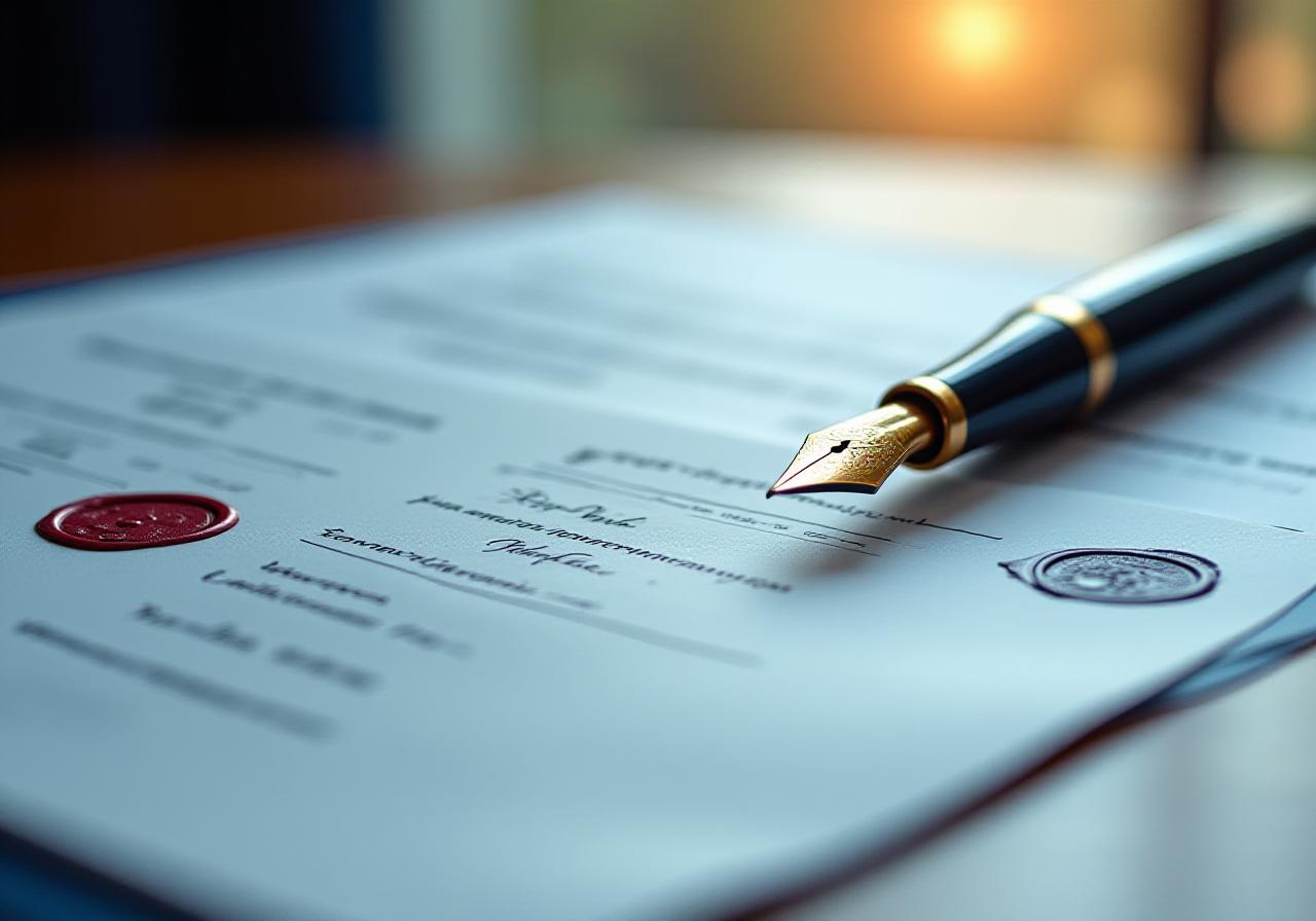 Close up of professional legal documents and a fountain pen on a desk