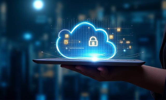 A tablet displaying a secure software dashboard with cloud icons