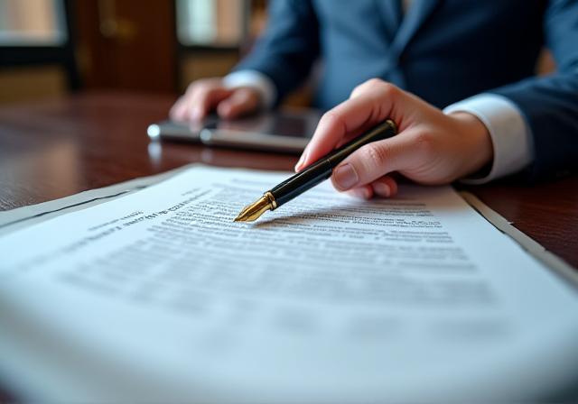 Close up of a professional lawyer reviewing a complex commercial contract with a fountain pen