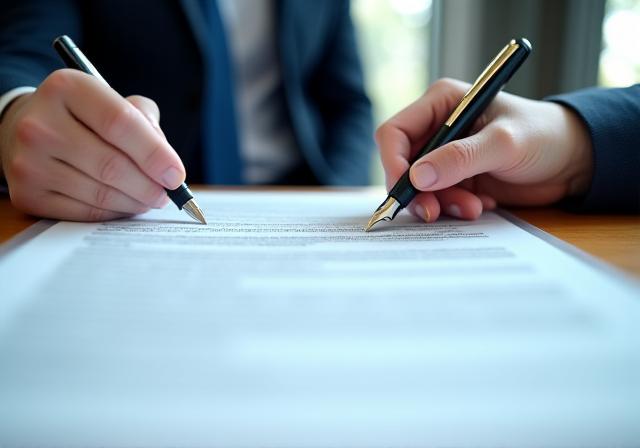 Close up of legal professionals reviewing a complex contract in a London office