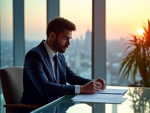 A professional legal expert in a contemporary office setting reviewing a document with precision