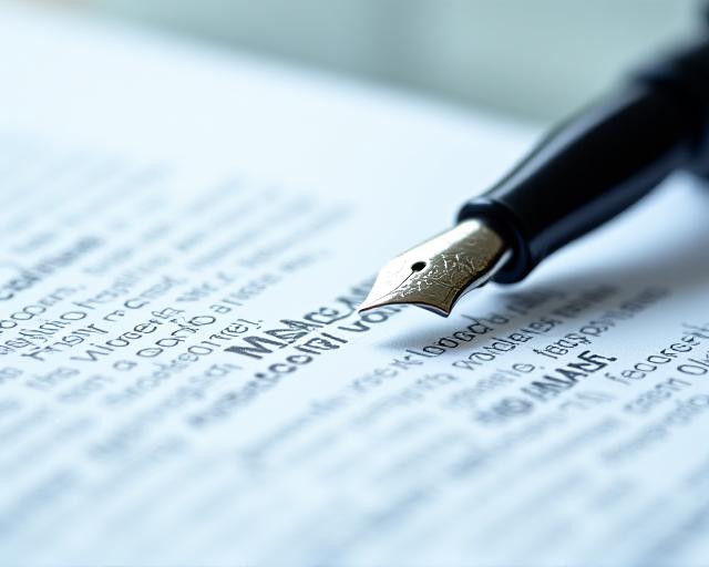 Close-up of a high-quality fountain pen resting on a complex legal contract with focused depth of field