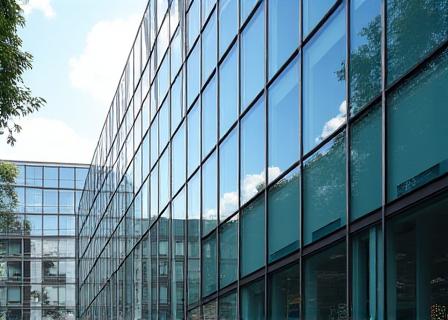 Modern glass office building in London tech district