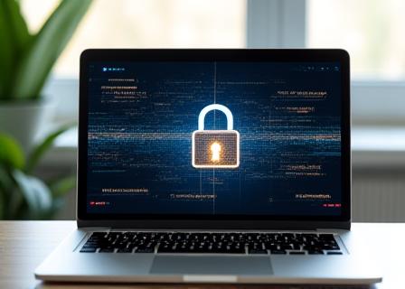 Secure laptop displaying encrypted data symbols in a home office setting