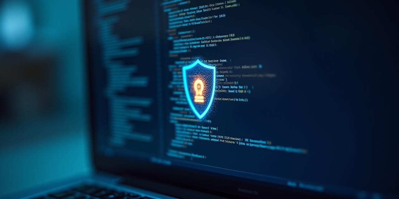 Close up of a developer working on complex software code with digital security overlays
