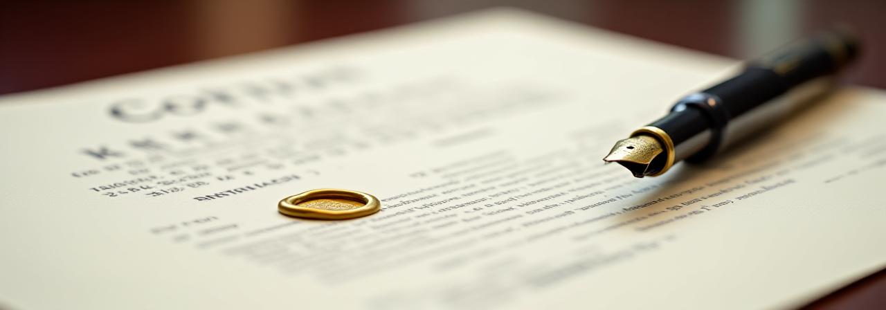 Close up of a legal document with a signature pen and gold wax seal representative of high-end legal services.